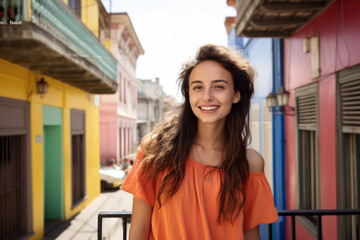 Portrait of a happy smiling Hispanic woman on a terrace of a old building in Buenos Aires