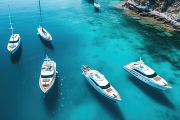 Fototapeta premium aerial view of beautiful yachts sailing in blue sea, AI Generated