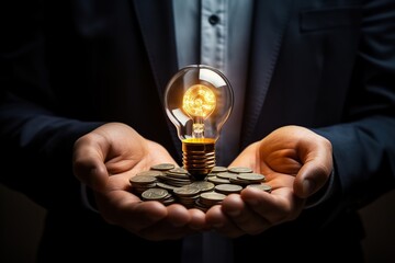 A businessman holds a glowing light bulb and money coins in his palms. Energy saving concept.