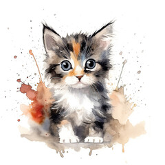 Tortoiseshell longhaired kitten. Stylized watercolour digital illustration of a cute cat with big blue eyes.