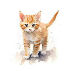 Ginger tom kitten. Stylized watercolour digital illustration of a cute cat with big eyes.
