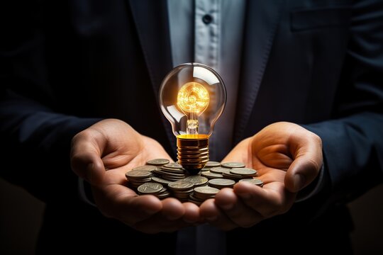 A businessman holds a glowing light bulb and money coins in his palms. Energy saving concept.