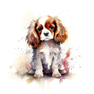 Blenheim Cavalier King Charles spaniel puppy on a white background. Cute digital watercolour for dog lovers.