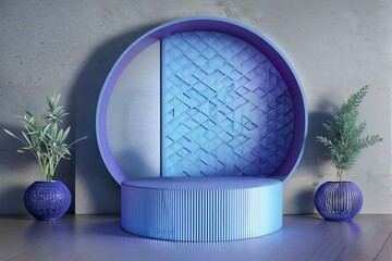 Showcase for branding and product presentation. Blue blank cylinder near violet circular geometric arch. 3d rendering