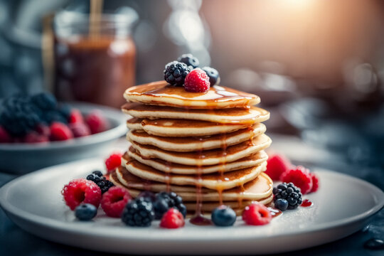 Pancake su tavola mirtilli e lamponi pronto per essere servito