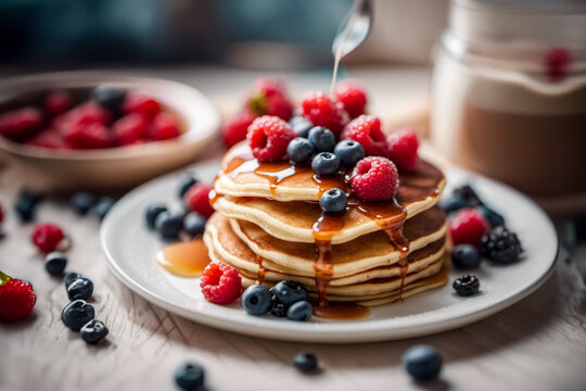 Pancake sul tavolo mirtilli e lamponi, cucchiaio che deposita lo sciroppo d'acero, Pancakes on blueberry and raspberry table, spoon depositing maple syrup