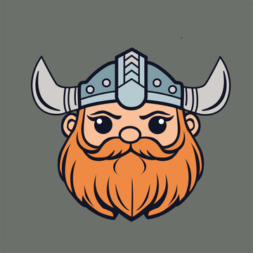 Cute funny cartoon viking. Face, emblem, logo on a gray background