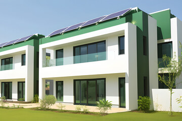 Green eco friendly apartment. Contemporary residential buildings with solar panels