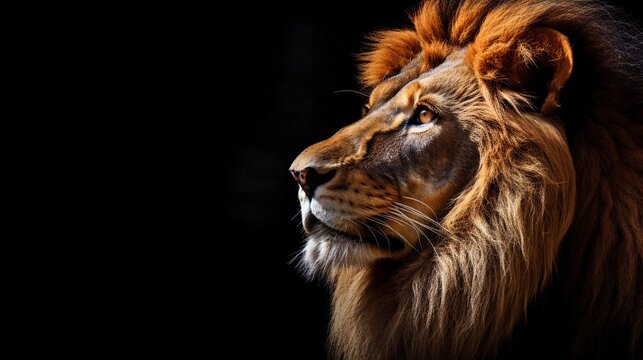 Inspiring lion captured in profile, its majestic mane and focused gaze commanding attention, with an unobtrusive area for text placement. AI generated
