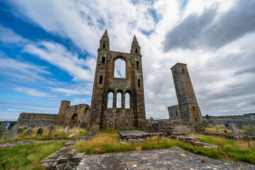 High-rise main facade of St Andrews Cathedral from the Middle Ages, Scotland.