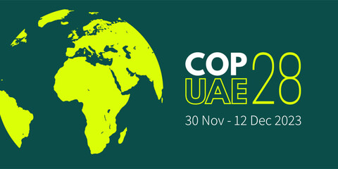 COP 28 UAE. Annual United Nations climate change conference. Dubai, United Arab Emirates, 30 Nov - 12 Dec 2023. International climate summit banner. Global Warming. Vector illustration - obrazy, fototapety, plakaty