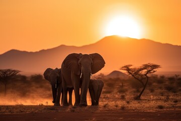 Fototapeta na wymiar Group of African Elephants in the plains at sunset