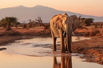 African elephant at water hole. Elephant on the river bank