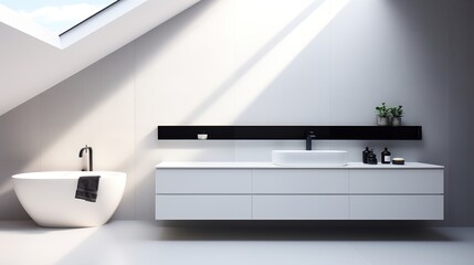 Modern minimalism style bathroom interior in black and white tones. Generative AI