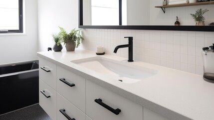 Fototapeta na wymiar Modern minimalism style bathroom interior in black and white tones. Generative AI