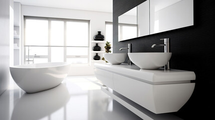 Fototapeta premium Modern minimalism style bathroom interior in black and white tones. Generative AI