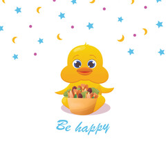 Cute duck be happy with star moon flower on a white background