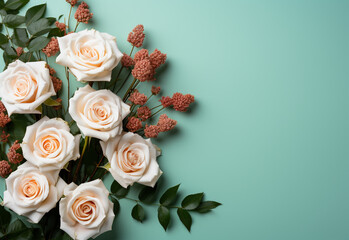 Flowers composition. White roses on green background. Flat lay, top view, copy space
