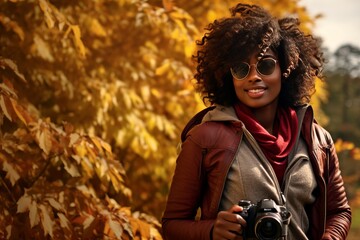 a beautiful young african dark-skinned woman posing for a photo on a forest walk on a vacation in autumn