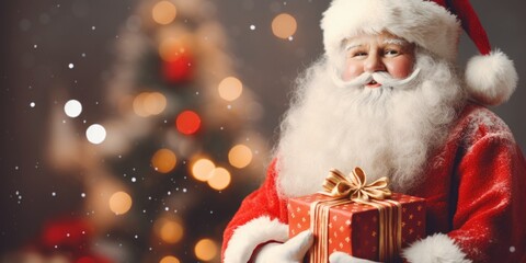 Merry Christmas and happy new year concept, Happy Santa Claus carrying gifts to children on bokeh light Christmas background, generative ai