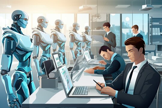 Businessmen and humanoid robots work together, ai office assistants, AI robots helping in office works, ai illustration