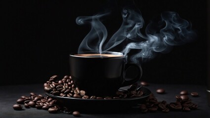 Black coffee with smoke and black background.