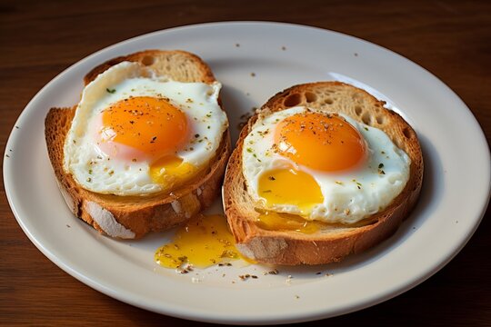 a traditional breakfast or brunch dish - roasted eggs with greens on a sourdough bread toast, egg yolk melting and dripping