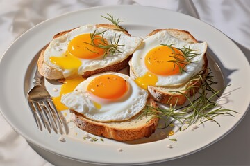 a traditional breakfast or brunch dish - roasted eggs with greens on a sourdough bread toast, egg...