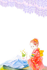 水彩で描いた着物の女性と日本の風景