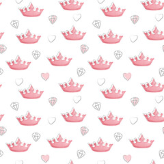 Cute nursery wall art. Watercolor pink crown heart and diamond repeat on a white background seamless pattern. Vector Illustrations. © Colomba Rossa