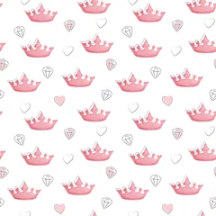 Cute nursery wall art. Watercolor pink crown heart and diamond repeat on a white background seamless pattern. Vector Illustrations. © Colomba Rossa
