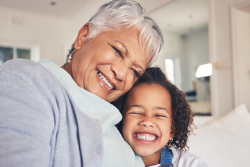 Portrait, child or happy grandma in a selfie with love, care or smile bonding to relax together at...