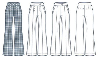 Flared Trousers technical fashion illustration. Plaid Pants fashion flat technical drawing template, flared bottom, button closure, front, back view, white, grey, women, men, unisex CAD mockup set.