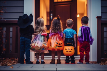 Back of five kindergarten children in fancy dress trick or treat at neighbour house front door on...