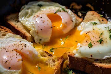 a macro photo of two bread toasts with poached eggs with seasoning and herbs, egg yolk melting and dripping - obrazy, fototapety, plakaty