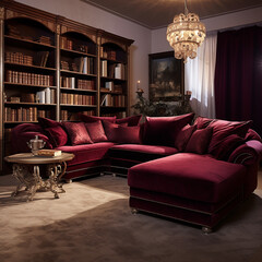 vintage interior with large burgundy velvet sofa