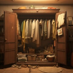 Old junk in the room and an open retro closet with old clothes. - obrazy, fototapety, plakaty