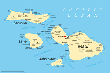 Maui County in the U.S. state Hawaii, political map, with Wailuku as seat. Consisting of the islands of Maui, Lanai, Molokai, Kahoolawe and Molokini. With Kalawao County on the north coast of Molokai.