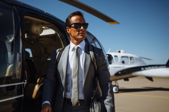 Businessman standing near private helicopter, AI Generated