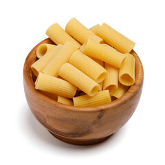Uncooked dry rigatoni pasta in wooden bowl on isolated white background. Premium collection