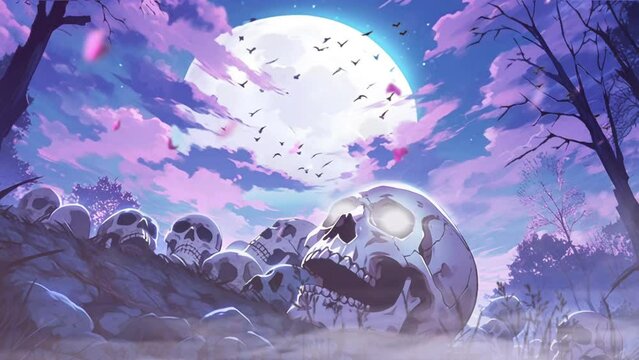halloween skull night scary graveyard animation looping video animated background