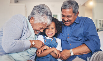 Grandparents tickling child, happiness and funny, relax at home at the weekend with retirement and...