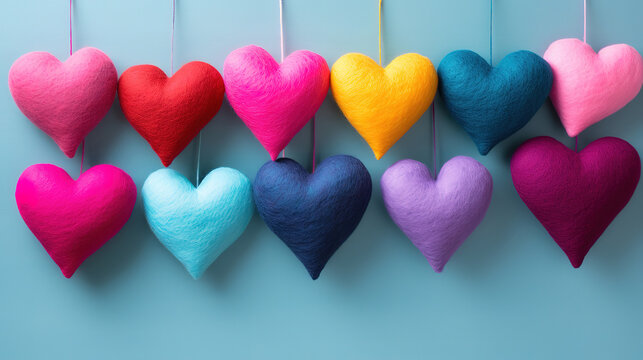 Hearts made of wool, with colorful pastel background, Bright color. Generative Ai