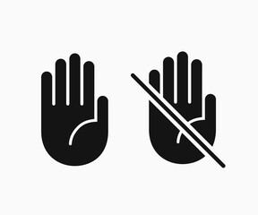 Do not touch hand icon. don't touch hand icon. filled logotype design element. User manual symbol. Crossed palm pictogram.