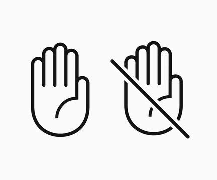 Do not touch hand icon. don't touch hand icon. lined logotype design element. User manual standard symbol. Crossed palm pictogram.