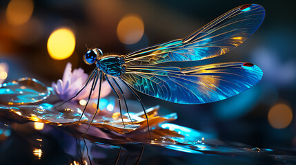 A delicate damselfly perched on a slender reed, its iridescent wings shimmering in the sunlight, montage photography, Expressionism,