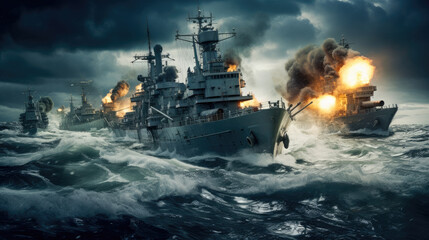 Intense naval warfare featuring modern battleships in a vast, raging ocean