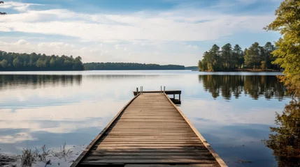 Rolgordijnen wooden pier in lake. Generative AI © ArtSpree