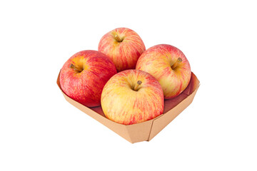 Four red striped apple fruits in the brown recycled paper tray isolated transparent png.
