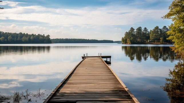 Fototapeta wooden pier in lake. Generative AI